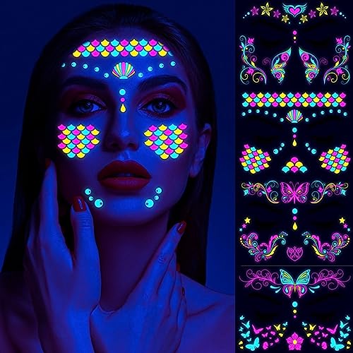 MAYCREATE 8-Sheet UV Neon Face Tattoo Sticker Temporary Tattoos, Glow in the Dark Face Tattoos, Butterfly Mermaid Fluorescence Fake Tattoo Stickers for Halloween Rave Festival Party Supplies MAYCREATE 8-Sheet UV Neon Face Tattoo Sticker Temporary Tattoos, Glow in the Dark Face Tattoos, Butterfly Mermaid Fluorescence Fake Tattoo Stickers for Halloween Rave Festival Party Supplies